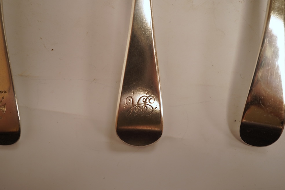 A pair of George III silver feather edge Old English pattern sauce ladles, with shell bowls, London, 1771?, 17.6cm, together with a pair of George III Scottish silver toddy ladles, George Fenwick, Edinburgh, 1816, one ot